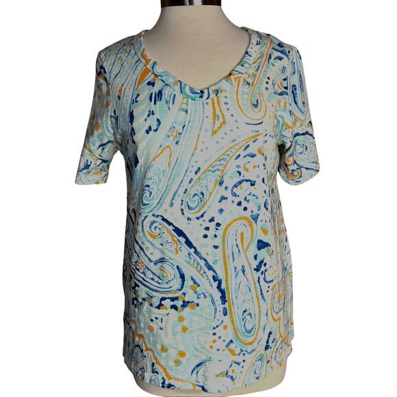 Chicos Women Size 1-M 8 Paisley Print V-Neck Short Sleeve Top Cotton & Modal - Picture 2 of 14